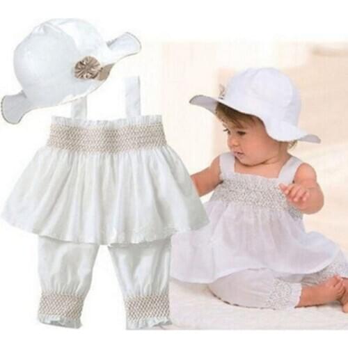 White baby girls tutu dress+ hat+pant set kids infant clothes set summer
