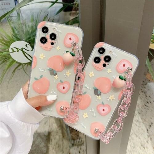 Clear Fruit Pink Peach Case For iPhone 11 12 Pro Max 12 Mini 7 8 Plus X XR XS Max SE2020 Bracelet Soft TPU Shockproof Back Cover