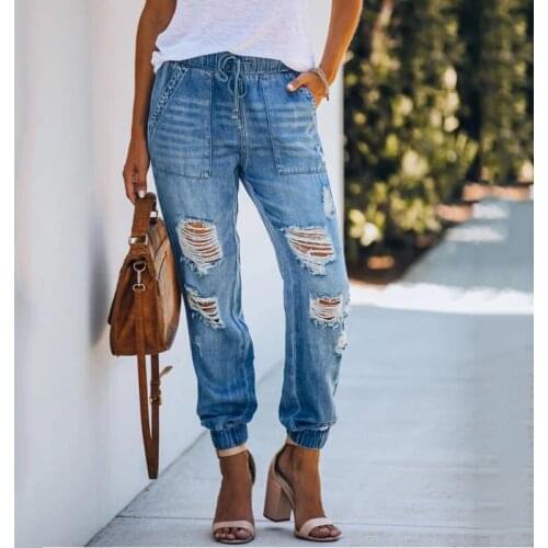 Vintage Elastic Waist Drawstring Washed Hole Mom Jeans Women Spring Autumn Y2K Clothes Ripped Denim Pants Female Woman Jeans