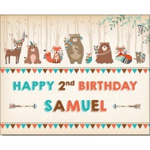 Custom Woodland Rustic Tribal Animal Fox Bear Deer Flag Tree background Computer print birthday photo backdrop