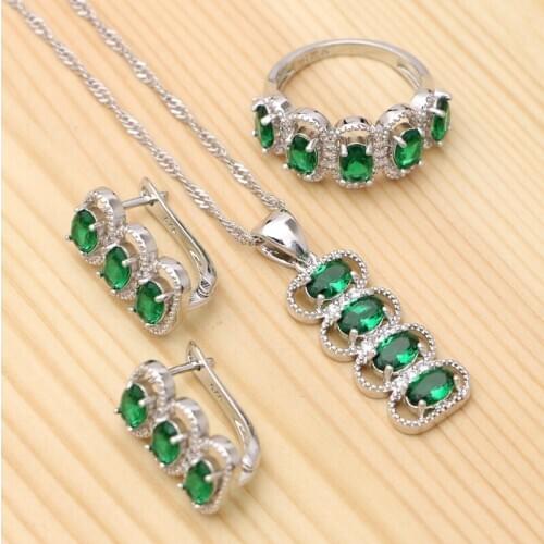 925 Silver Jewelry Sets For Women Green Cubic Zirconia White Crystal Pendant Necklace Ring Stud Earrings Set
