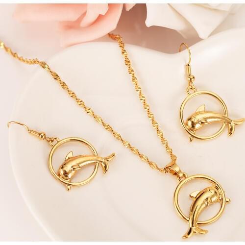 Fashion gold Jewelry Set Sweet Dolphin Pendant Necklace Loop Earrings Sets for Women PNG girls kids party bridal gifts charms