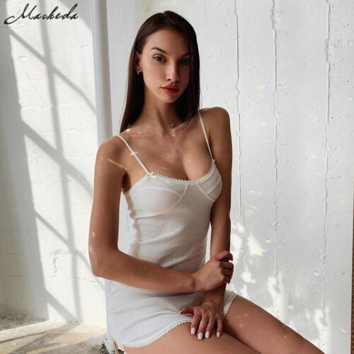 Macheda Sexy Breathable Hollow Out Mesh Spaghetti Strap Mini Dress Vintage Slim Bodycon Solid White Women Dresses 2019 New