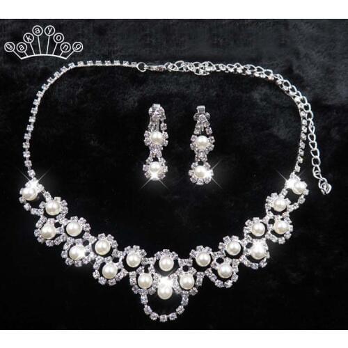 Elegant Simulated Pearl Bridal Jewelry Sets Silver Color Leaf Crystal Necklaces Earrings Sets Wedding Jewelry