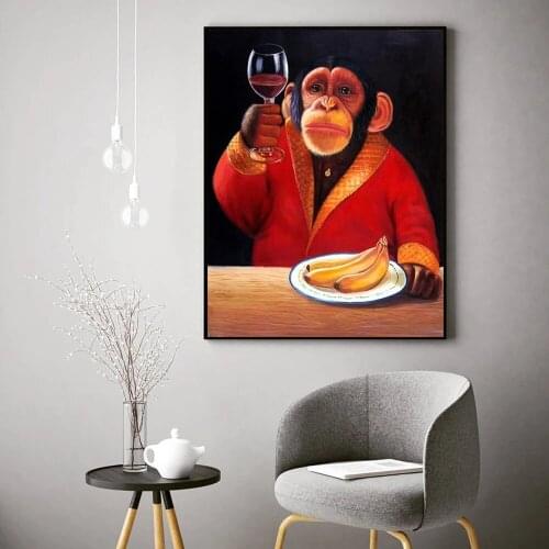 Wall Art Canvas Painting Animal Picture Poster funny Monkey Chimp Drinking WIne Smoking Living Room Home Decor Cuadros
