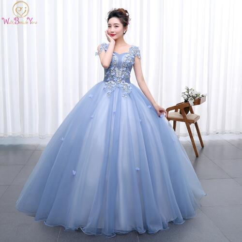 Sky Blue Prom Dresses 2020 Ball Gown Sweetheart Cap Sleeve Lace Applique Floral Long Floor Length Pink Evening Gowns Graduation