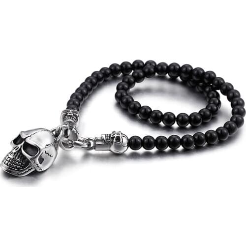Fate Love New black stone with stainless steel human skeleton Skull Pendant stone ball chain necklace 8mm 18.5 inch