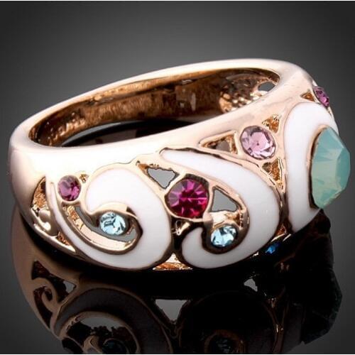Wholesale Rose Gold Color Wedding Rings With Trendy Colorful Glaze Crystal Rhinestone Round Jewelry Women Enamel Rings