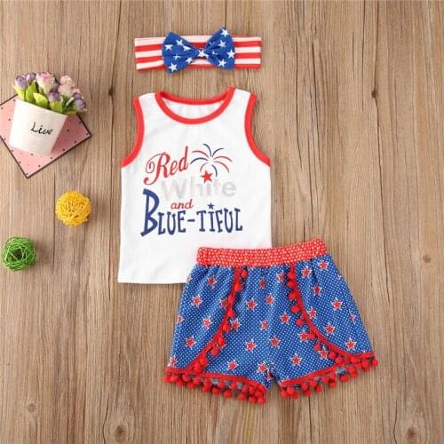 1-5 Years Little Girls 3pcs Set Fashion American Independence Day Vest + Shorts + Bow Hairband Girls Summer Suit