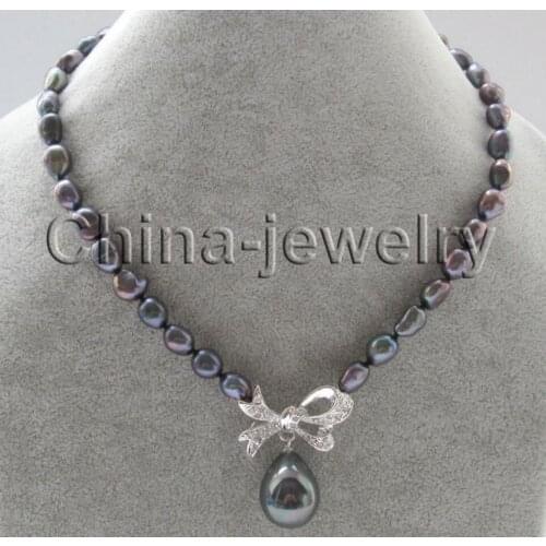 Jewelry 17" 11mm black baroque freshwater pearl +20mm shell pearl pendant necklace