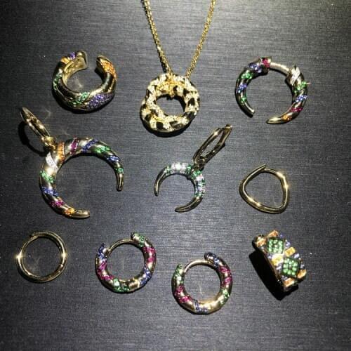 S925 Sterling Silver Colorful tribal geometry crescent Ring Bracelet Necklace Earrings female silver jewelry