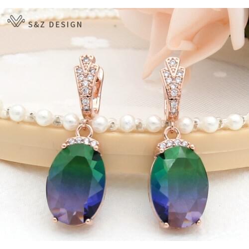 S&Z DESIGN Fashion 585 Rose Gold Oval Egg Shape Imitation Tourmaline Dangle Earrings For Women Wedding Party Elegant Jewelry