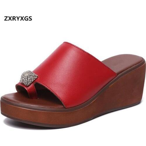 2021 New Summer Fashion Sandals Flip Flops Rhinestone Real Leather Sandals Wedges Slippers Thick Bottom Large Size Women Sandals