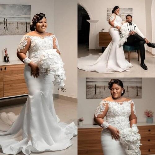 Modern Mermaid Wedding Dress Plus Size Long Sleeves African Bridal Gowns Fashion Scoop Neck Lace Appliqued Vestidos De Novia