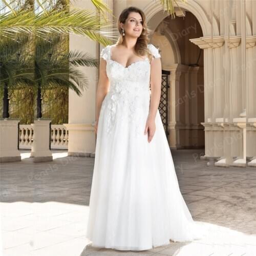 Princess Plus Size Wedding Dresses Sexy Cap Sleeve Applique 3D Flowers Bridal Dresses Vestido De Noiva Wedding Gown for Bride