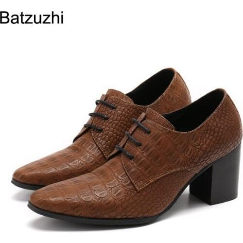 Batzuzhi 7.5cm High Heels Shoes Men Pointed Toe Brown Genuine Leather Dress Shoes Men Lace-up Fashion Party Shoes Zapatos Hombre