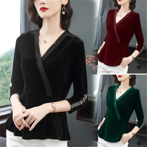 V Neck Blouse Women Fashion Gold Velvet button Plus Size Female Shirts Spring Korean Bottoming Long Sleeve Tops