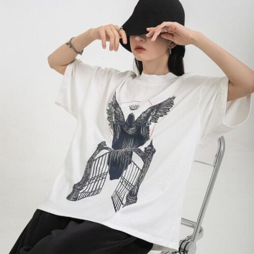 Gothic Angel Print T Shirts for Women 2021 Summer Fashion Punk Clothes Teenage Girls Oversized Streetwear Loose Fit Graphic Tees
