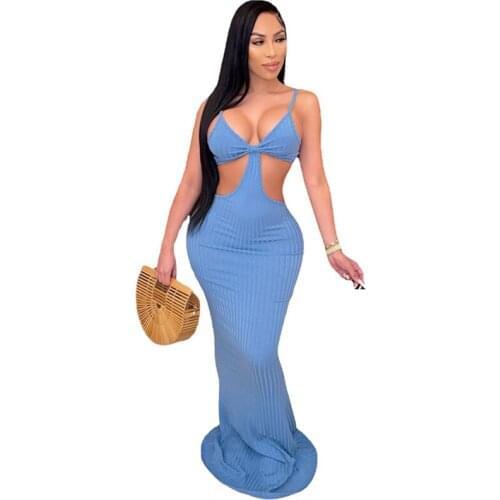 Summer Ribbed Long Maxi Dresses for Women Party Clubwear Hollow Out Bodycon Dress Solid Color Backless Spaghetti Strap Dress