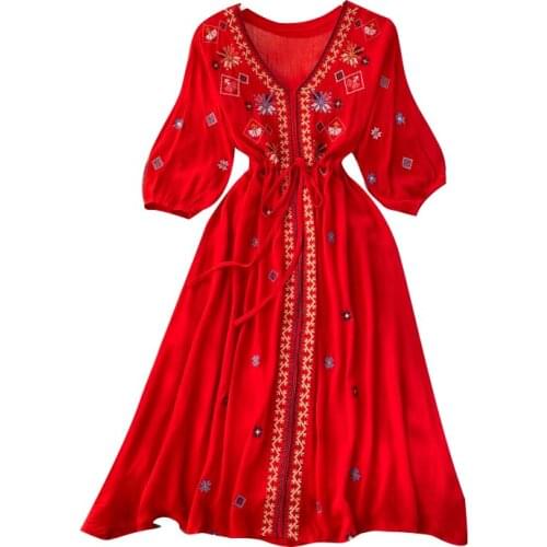 New Spring Summer Women V-Neck Puff Sleeve Slim Vacation Dress High Quality Bohemian Ethnic Style Embroidery Vintage Dress