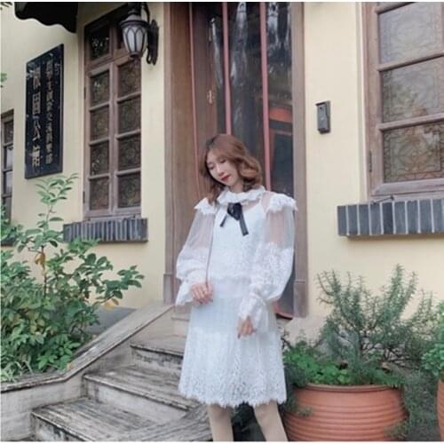 High Quality Women Stand Collar Bow Princess Mini Dress 2021 Spring Womans Lace Patchwork Mesh Dot Lantern Sleeve Runway Dresses
