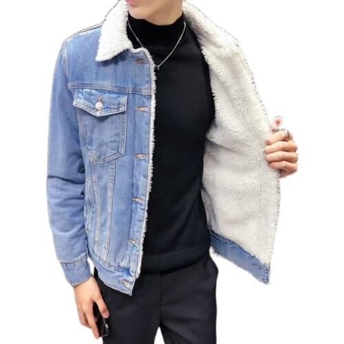 Winter 2020 Mens Fashion Thick Fleece Solid Color Casual Denim Jacket Mens Cotton Slim Retro Jacket Mens Jacket