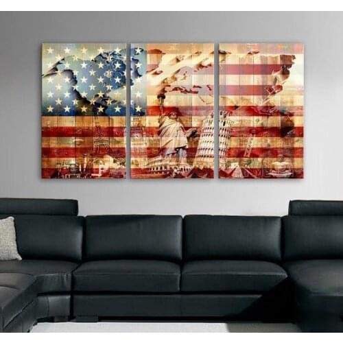 3 Panels Art Canvas Print Usa Flag Glory Wonders Statue Of Liberty Wall Decor Home