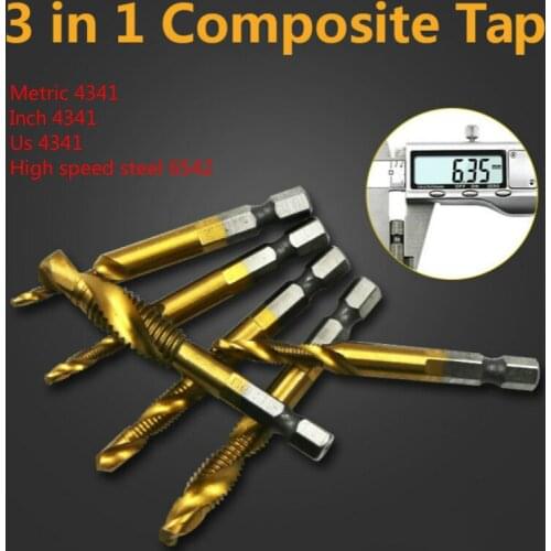 6Pc Hex Shank HSS 4341-6542 Screw Thread Inch/Metric/American system Tap Drill Bits Screw Machine 3 in 1 Compound tap Hand Tools