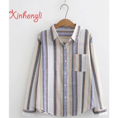 Plus size Striped cotton women loose blouse 2020 spring autumn casual ladies pocket shirts female tops oversize