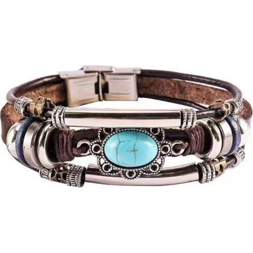 Fashion Personality Turquoise Bracelet Wave Stainless Steel Tube Calfskin Retro Ethnic Leather Bracelet 2021 Trend New Gift