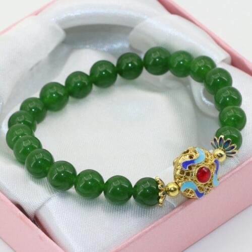 Bohemia style 8mm natural round beads bracelets green Taiwan jades stone chalcedony gold-color cloisonne jewelry 7.5inch B2689