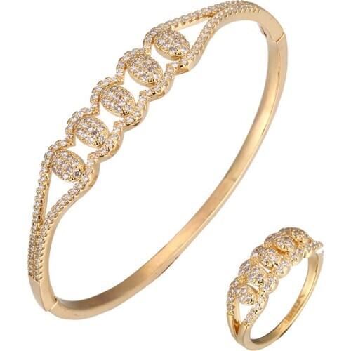 HIBRIDE Hot Selling High Quality Full Micro Pave Setting Zircon Bracelet with Ring Set Jewelry Cuff Bracelet Bangle Sets N-1720