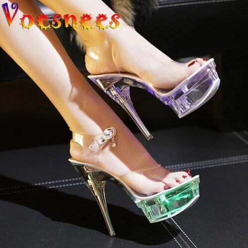 Crystal Transparent Sandals 2020 Summer New high Heels Luminous 17.5cm Wedding Womens Shoes Pole Dance Nightclub Womens Sandal