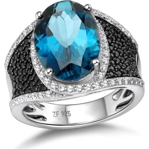 GZ ZONGFA Fashion Classic Oval Natural London Blue Topaz 6.45CT 925 Sterling Silver Rings Black Spinel gem Wedding Ring