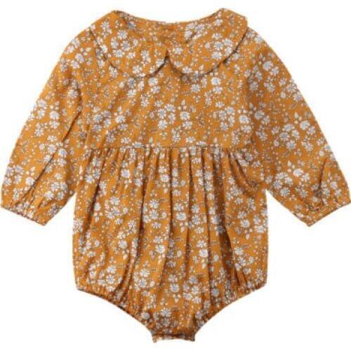 New 2020 Toddler Newborn Baby Girls Bodysuits Long Sleeve Flowers Peter Pan Collar Jumpsuits Playsuit Yellow Outfit 0-24M