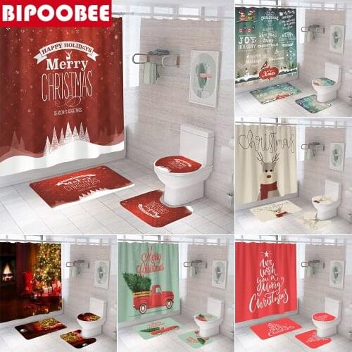 Merry Christmas Shower Curtain Set Xmas Bathroom Decoration Toilet Lid Cover Bath Mats Anti-slip Carpet Fabric Bathtub Curtains