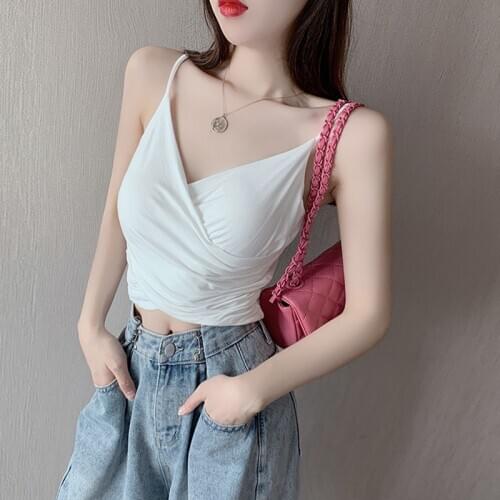 Summer 2021 Sexy Cross Crop Tops Camis White Tank Women V Neck Womens Camisole Halte Folds Top Chic Woman Clothing Black