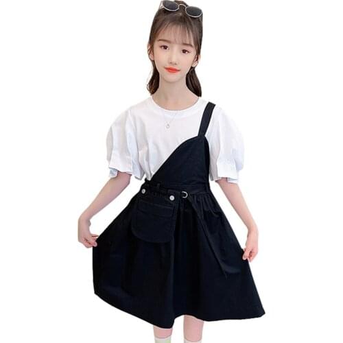 Teen Girls Summer Clothing Tshirt + Pockets Dress Costume For Girls Solid Color Clothes For Girls Casual Style Tracksuit Kids