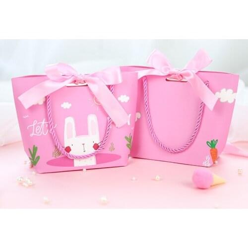 Cartoon paper bags with ribbon bow handle wild one rabbit elephant for kids brithday party baby shower favors packaging gift bag