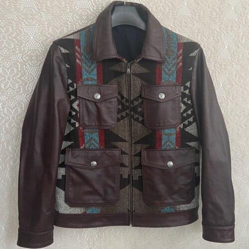 GU.SEEMIO Brown Cowhide Mens Leather Jacket Male Leather Coat Tweed Stitching Factory Soft Leather Warm Clothing