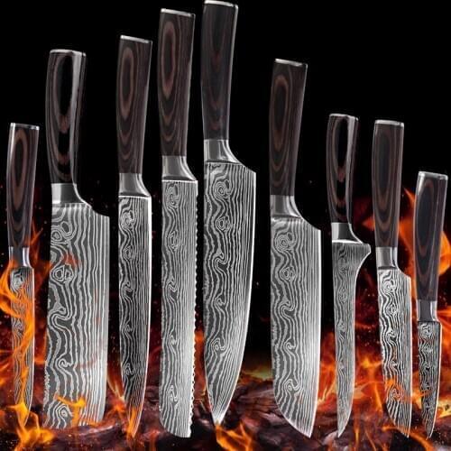 Damascus pattern chef knife Set 8"inch japanese kitchen knives Set Laser Santoku Cleaver Slicing Utility Knives tool EDC New