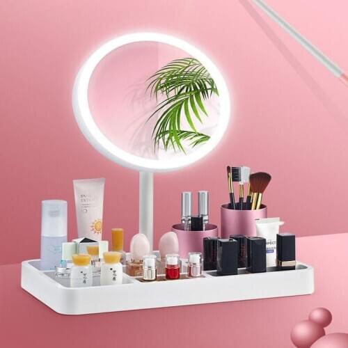 LED Desktop Makeup Mirror With Storage Box Cosmetics Finishing Box Lipstick Skin Care Products Storage Finishing Beauty Mirror