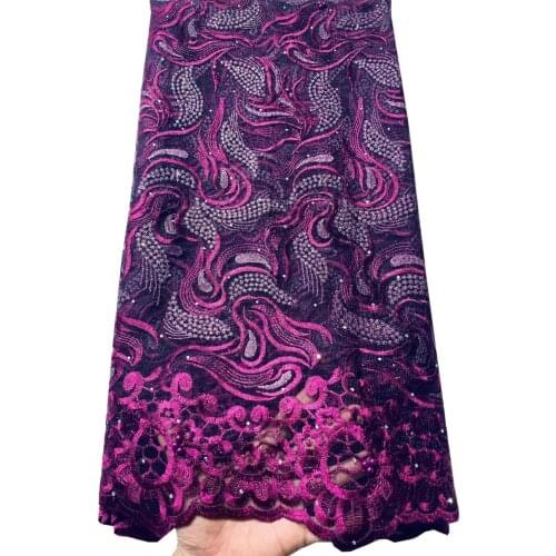 Latest Magenta African Embroidery Tulle Lace Fabric 2021 High Quality French Milk Silk Lace Fabric With Stones 5 Yards ELL8530