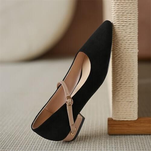 New Frosted Sheepskin Mary Janes Women Shoes Buckle Strap Spring/Autumn Shallow Flats Pointed Toe Thick Heel Handmade Size 34-39