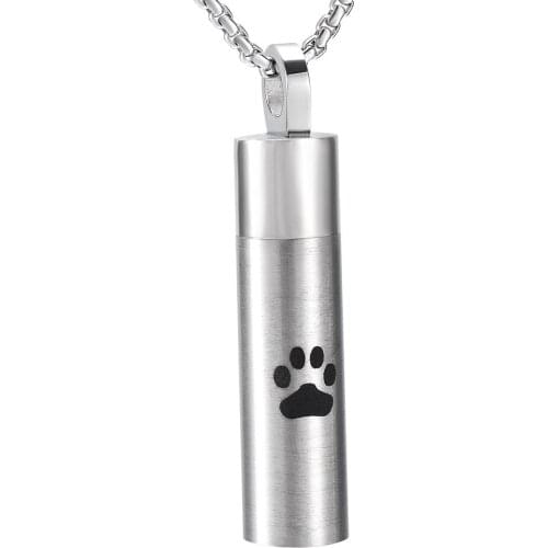 IJD8168 Pet Urn Pendant for Ashes Stainless Steel Black Dog/Cat Paw Print Cylinder Necklace Memorial Keepsake Cremation Jewelry