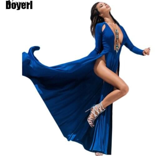 Sexy High Slit Long Sleeve Maxi Dress Deep V Neck Club Party Boho Long Dress Blue Black Split Floor Length Dress Vestido Robes