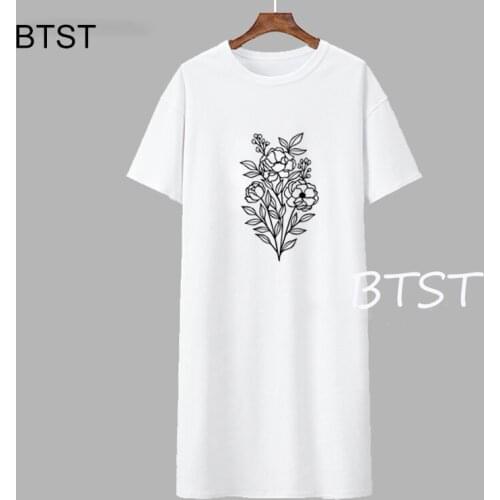 Kawaii Flower Bouquet print Elegant woman dress Summer Short Sleeve Graphic Dresses O-neck Korean Harajuku Street T Shirt Dress
