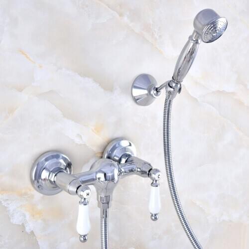 Polished Chrome Bathroom Shower Faucet Bath Faucet Mixer Tap With Hand Shower Head Set Wall Mounted zna786