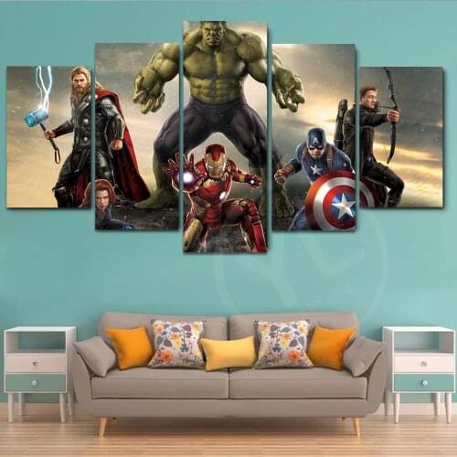 Marvel Poster 5 Panel Superheroes Hulk Iron Man Wall Art Painting Canvas Art Poster and Print for Home Decor Living Room Unframe