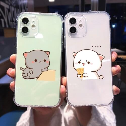 Mochi Peach Goma Cat Transparent Phone Case for iPhone 11 12 mini pro X XS MAX 6 s 7 8 Plus XR Soft Clear Pink White Mobile Bags